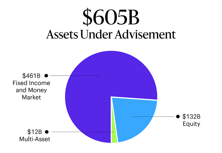 Allspring’s AUA in a pie chart: Total AUA of $605B USD; $461B in fixed income and money market; $132B in equities; and $12B multi-asset.