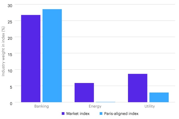 The bar graph shows industry weights for banking, energy, and utilities of the standard market index compared with the Paris-aligned index, as of December 31, 2023. 
